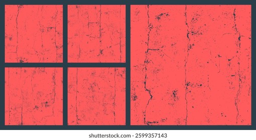 Old Cracked Concrete Wall Subtle Seamless Texture Bundle Abstract Vector Red Background. Grungy Distressed Boundless Texture. Broken Textured Material Continuous Grunge Abstraction. Loopable Elements