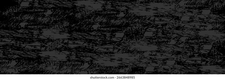 Old cracked dark gray concrete wall wide texture. Gloomy grunge long panoramic black background