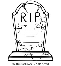 Old cracked gravestone. For halloween decor, coloring page, poster, spooky themed cartoon design. Vector illustration in hand drawn doodle sketch style. Line art isolated on white for print