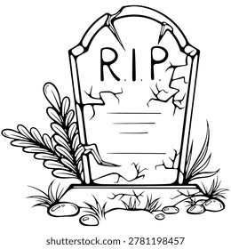 Old cracked gravestone overgrown with grass and rocks. For Halloween, coloring page, spooky themed cartoon design. Vector illustration in hand drawn doodle sketch style. Line art isolated on white