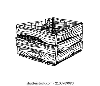 Una vieja caja de embalajes con tablas de madera. Protección durante el transporte de mercancías frágiles. Ilustración vectorial con líneas de contorno negro aisladas en un fondo blanco con un estilo dibujado a mano.