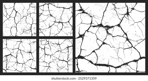 Old Cracked Surface Subtle Seamless Textures Set Abstract Vector Background. Broken Textured Structure Endless Grunge Abstraction. Dry Soil Repetitive Natural Pattern. Grungy Style Distressed Texture