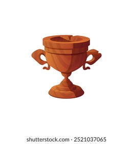 Old cracked wooden goblet with handles on the sides. Simple medieval wine cup. Trophy, award. Cartoon style. Game element. Vector illustration isolated on white background.