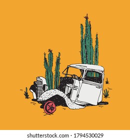 Old crashed American vintage retro pickup truck with cactus. Vector illustration. Design for t-shirt, sticker, poster, banner