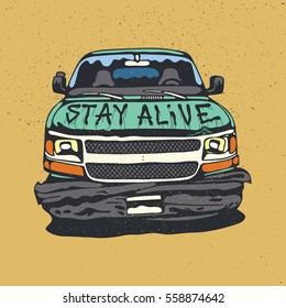 Old crashed van . Vector illustration on grunge texture background