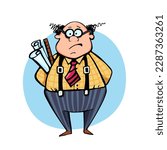 Old crazy professor or teacher with spiky hair on head in glasses and scrolls of papers with  ruler with emotion of surprise and confusion. Scientist Cartoon Character
