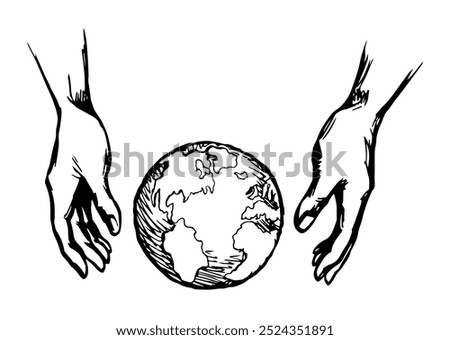Old creator Lord Jesus Christ begin love faith hope 2 male arm palm touch show bless mercy take well bio ball map land logo light white sky text space. Line drawn web biblic art sketch bible cartoon