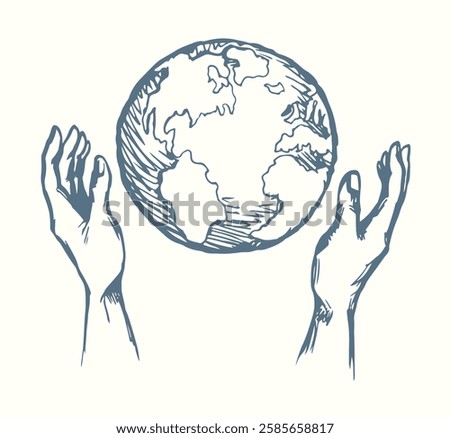 Old creator Lord Jesus Christ begin love faith hope 2 male arm palm touch show bless mercy take well bio ball map land logo light white sky text space. Line drawn web biblic art sketch bible cartoon