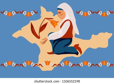 Old Crimean Tatar woman against a stylized Crimean map near a broken tulip. The concept of a difficult return of the Crimean Tatars after deportation