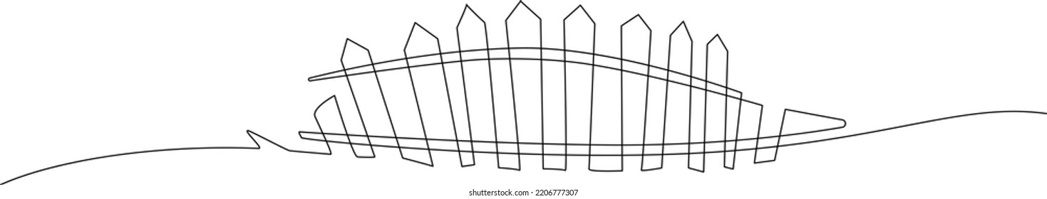 Old crooked picket fence on the border with the field. Landscape. Continuous line drawing. Vector illustration.