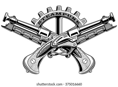 old crossed pistols Steampunk vector illustration isolated