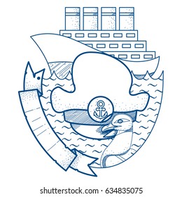 An old cruise liner and captain's white cap. Illustration for thematic publications and the design of objects.