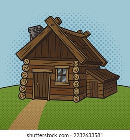 old crumbling wooden hut pinup pop art retro vector illustration. Comic book style imitation.