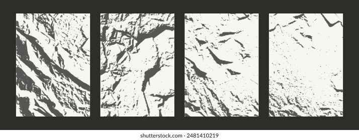 Old crumpled paper effect with halftone effect. Grainy texture, grunge background. Vector set of templates in retro style.