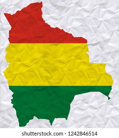 Old crumpled paper with watercolor painting of Bolivia flag and map