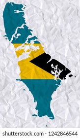 Old crumpled paper with watercolor painting of Bahamas flag and map