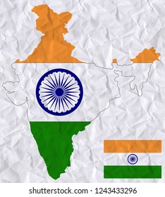 Old crumpled paper with watercolor painting of India flag and map