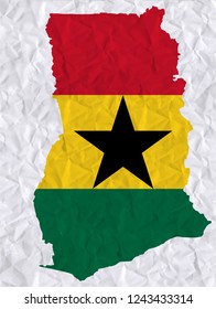 Old crumpled paper with watercolor painting of Ghana flag and map