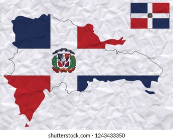 Old crumpled paper with watercolor painting of Dominican Republic flag and map