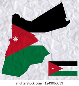 Old crumpled paper with watercolor painting of   Jordan flag and map
