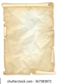 Old crumpled scroll of yellowed paper, postcards or diploma template, vector illustration