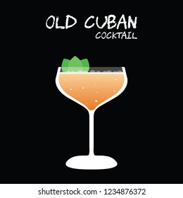 Old Cuban cocktail illustration vector with mint leaves garnish on square black background.