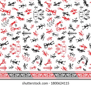 OLD CULTURAL PATTERN WITH PEOPLE. DESIGN FOR FABRIC PRINT AND BACKGROUND OR TILE PATTERN