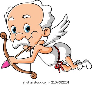 The old cupid man is aiming with the love arrow of illustration