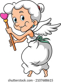 The old cupid woman is flying with the love wand of illustration