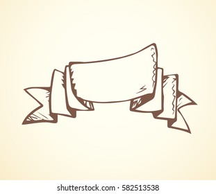 Old curl blank ornate title tape isolated on white backdrop. Freehand outline ink hand drawn picture sketchy in art scribble retro style pen on card with space for text