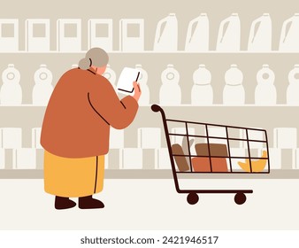 Old customer choosing product in supermarket. Senior elderly woman consumer shopping in hypermarket. Female shopper character with cart, trolley at store shelf, making choice. Flat vector illustration