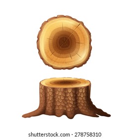 Old cut forest tree stump side drawn and cross section view icons set abstract isolated vector illustration