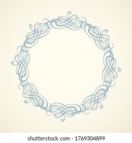 Old cute big romantic book ribbon bow swirly tag swoosh element isolated on white paper card backdrop. Freehand blue ink pen outline drawn curly corner sketchy in artistic rustic curlicue scrawl style