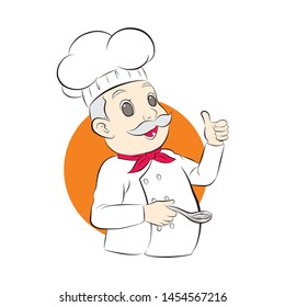 old cute chef show thumb finger and hold a spoon. vector illustration isolated cartoon hand drawn background.