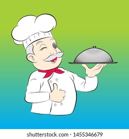 old cute chef show thumb finger and hold a serving tray. vector illustration isolated cartoon hand drawn background.