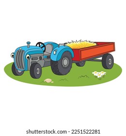 Un viejo tractor lindo e infantil y un remolque. Vector