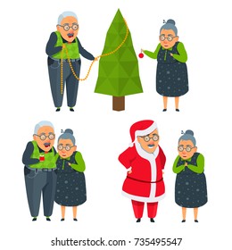 Old cute couple prepare to celebrate Christmas, New Year. Man and woman decorating Christmas tree, give, share gifts. Husband dressed as Santa Claus. Cartoon style vector illustration set isolated.