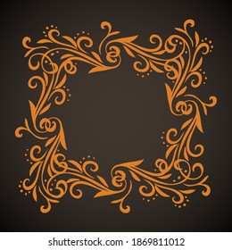 Old cute golden romantic book ribbon bow swirly tag swoosh element set isolated on dark black board card backdrop. Circle gold outline drawn curly sign icon logo artistic rustic curlicue scrawl style