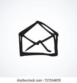 Old cute packaging template on white backdrop. Item sms app concept. Freehand outline black ink hand drawn picture emblem sketchy in art modern scribble cartoon style pen on paper and space for text