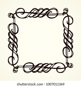 Old cute romantic book ribbon bow swirly tag swoosh element isolated on white paper card backdrop. Freehand black ink pen outline drawn curly corner sketchy in artistic rustic curlicue scrawl style