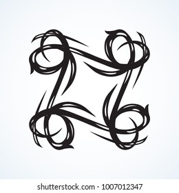 Old cute romantic book ribbon bow swirly tag swoosh element isolated on white paper card backdrop. Freehand black ink pen outline drawn curly corner sketchy in artistic rustic curlicue scrawl style