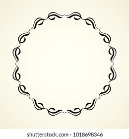 Old cute romantic book ribbon bow swirly tag swoosh element isolated on white paper card backdrop. Freehand black ink pen outline drawn curly corner sketchy in artistic rustic curlicue scrawl style