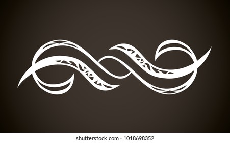 Old cute romantic book ribbon bow swirly tag swoosh element set isolated on dark black board  backdrop. Freehand white chalk outline drawn curly logo sketchy in artistic rustic curlicue scrawl style