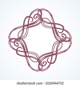Old cute romantic book ribbon bow swirly tag swoosh element isolated on white paper card backdrop. Freehand black ink pen outline drawn curly corner sketchy in artistic rustic curlicue scrawl style