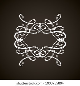 Old cute romantic book ribbon bow swirly tag swoosh element isolated on dark black board backdrop. Freehand white chalk outline drawn curly logo sketchy in artistic rustic curlicue scrawl style