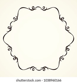 Old cute romantic book ribbon bow swirly tag swoosh element isolated on white paper card backdrop. Freehand black ink pen outline drawn curly corner sketchy in artistic rustic curlicue scrawl style