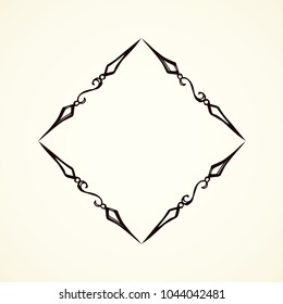 Old cute romantic book ribbon bow swirly tag swoosh element isolated on white paper card backdrop. Freehand black ink pen outline drawn curly corner sketchy in artistic rustic curlicue scrawl style
