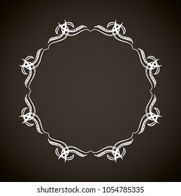 Old cute romantic book ribbon bow swirly tag swoosh element isolated on dark black board backdrop. Freehand white chalk outline drawn curly logo sketchy in artistic rustic curlicue scrawl style