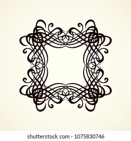 Old cute romantic book ribbon bow swirly tag swoosh element isolated on white paper card backdrop. Freehand black ink pen outline drawn curly corner sketchy in artistic rustic curlicue scrawl style