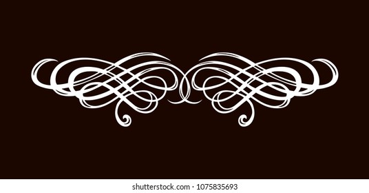 Old cute romantic book ribbon bow swirly tag swoosh element set isolated on dark black board  backdrop. Freehand white chalk outline drawn curly logo sketchy in artistic rustic curlicue scrawl style